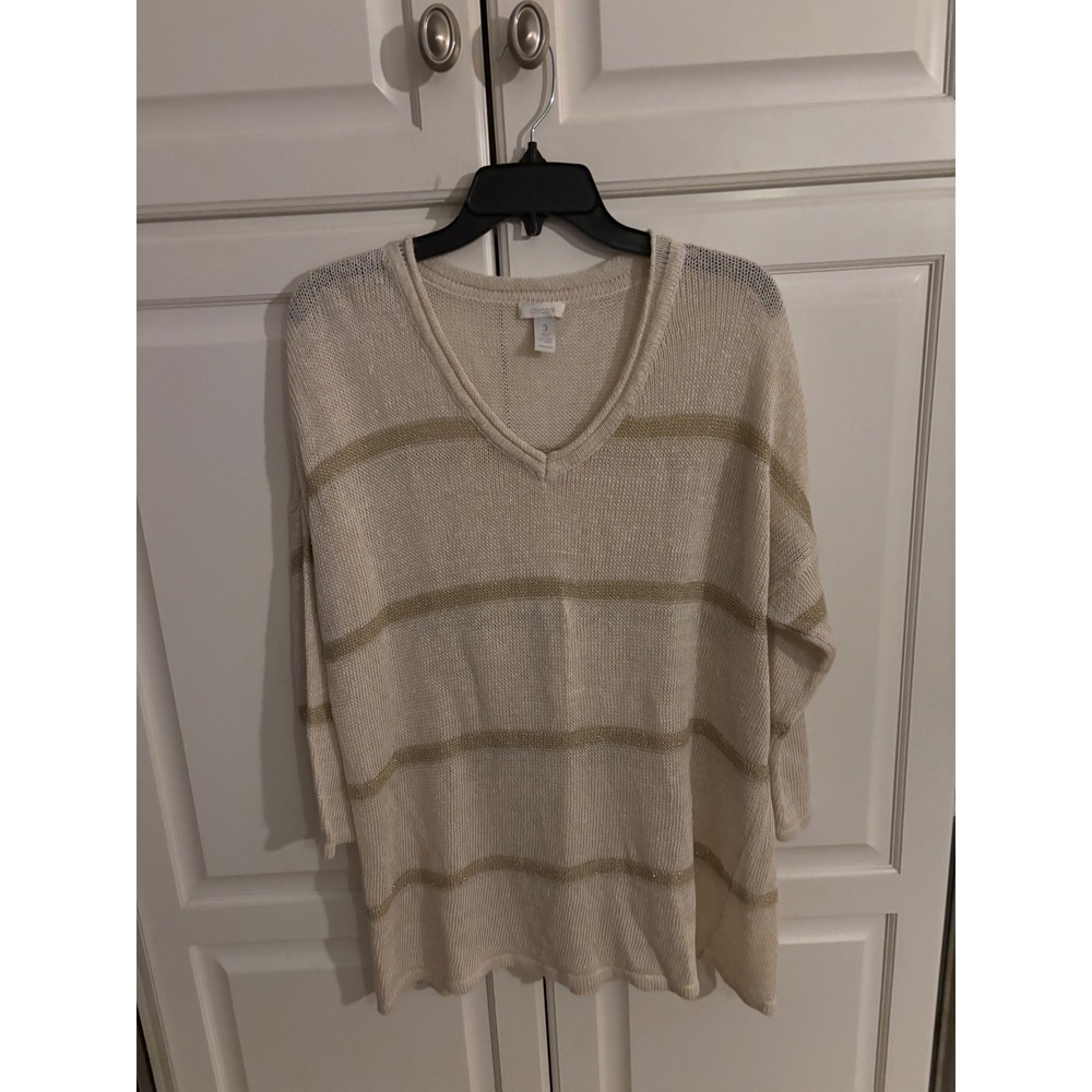 Chicos Linen Blend Striped V Neck 3/4 Sleeve Sweater Top Beige Gold Size 3